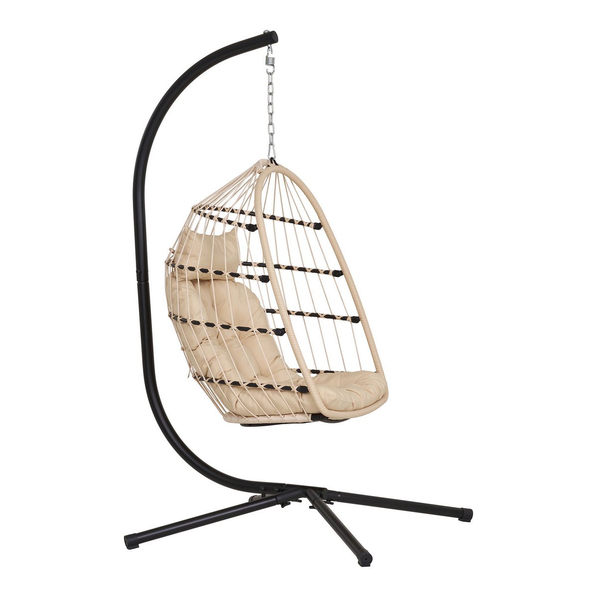 Patras Hanging chair, steel stand, foldable seat, incl. cushions, beige/grey/black