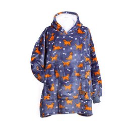 A cozy, fleece-lined hoodie blanket with a retriever dog print in shades of orange and blue. The blanket features a full-zip closure and a hood for added warmth and comfort.