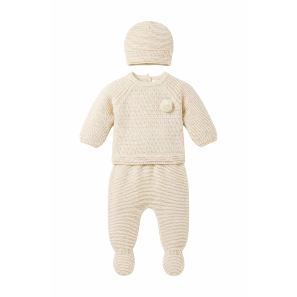 Conjunto Bebé 3 Piezas Punto Textura Crudo con Pompón