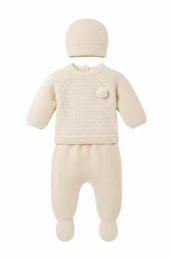 Conjunto Bebé 3 Piezas Punto Textura Crudo con Pompón