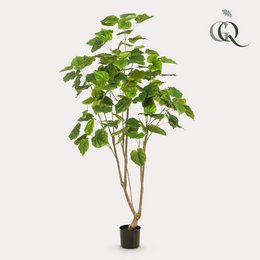 Tall artificial plant with large green leaves, resembling an African fig tree or Ficus umbellata. The plant has a natural, lush appearance and would make a great addition to any indoor or outdoor space.