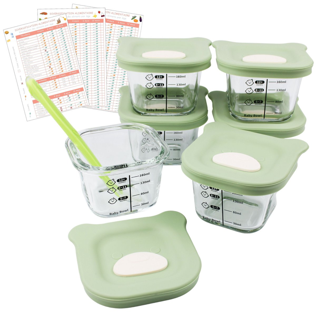 Lots of 6 small baby pots 160ml - Ideals for compotes, purees and fruits, hermetics and practices with graduation, spoon included - perfect for baby meals
