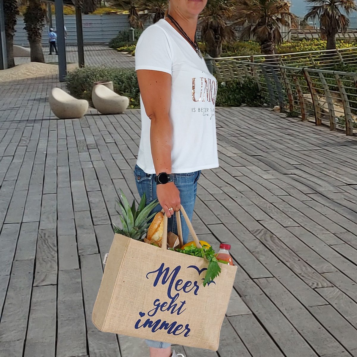 Domelo Jutetasche Einkaufstasche. Jute Shopper Tasche. Große wasserabweisende Einkaufskorb/ Strandtasche . Badetasche XXL/ Shopping bag Geschenke für Frauen.