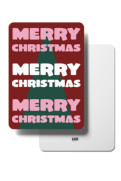 A festive Christmas card with the text "Merry Christmas" repeated in red and pink colors on a burgundy background.