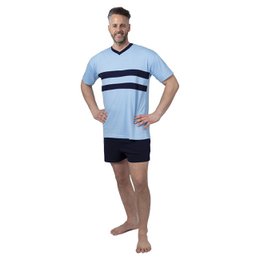 Men's short sleeve pajama set in light blue and navy blue colors. Made of soft, breathable material for comfortable loungewear.