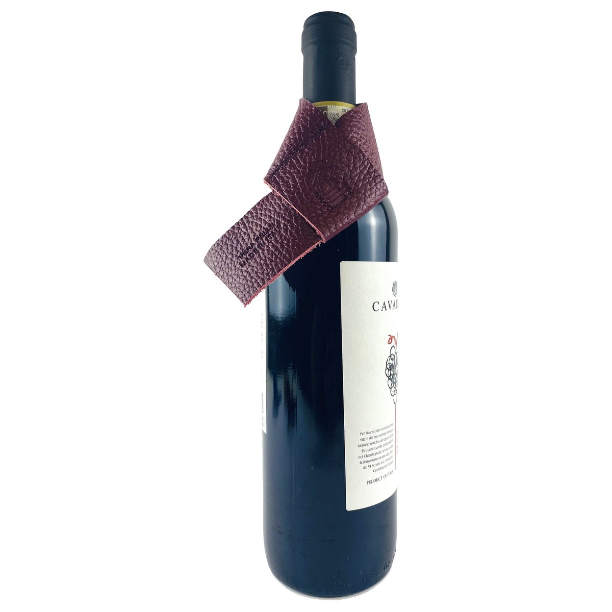 K0010XB | Économiseur d'égouttement pour bouteille fabriqué en Italie en cuir pleine fleur véritable, grain dollar - couleur bordeaux. Dimensions : 27 x 4 x 0,5 cm. Conditionnement : Boîte cadeau fond/couvercle rigide