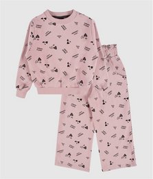 Pink pajama set with small black heart and love pattern print, long sleeves, cozy kids loungewear.