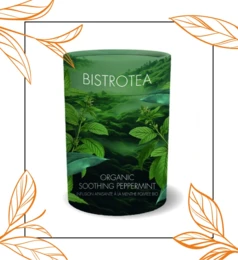 Organic green tea with mint, loose leaf, in a green package.
