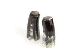 Grande salière et poivrière en corne blonde marbrée et noire