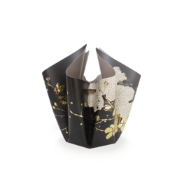 A decorative gold and black vase with a floral arrangement of white and yellow chrysanthemum flowers.