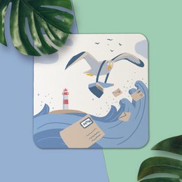 Coastal-themed beer mat postcard with lighthouse, seagulls, and waves in shades of blue and white.