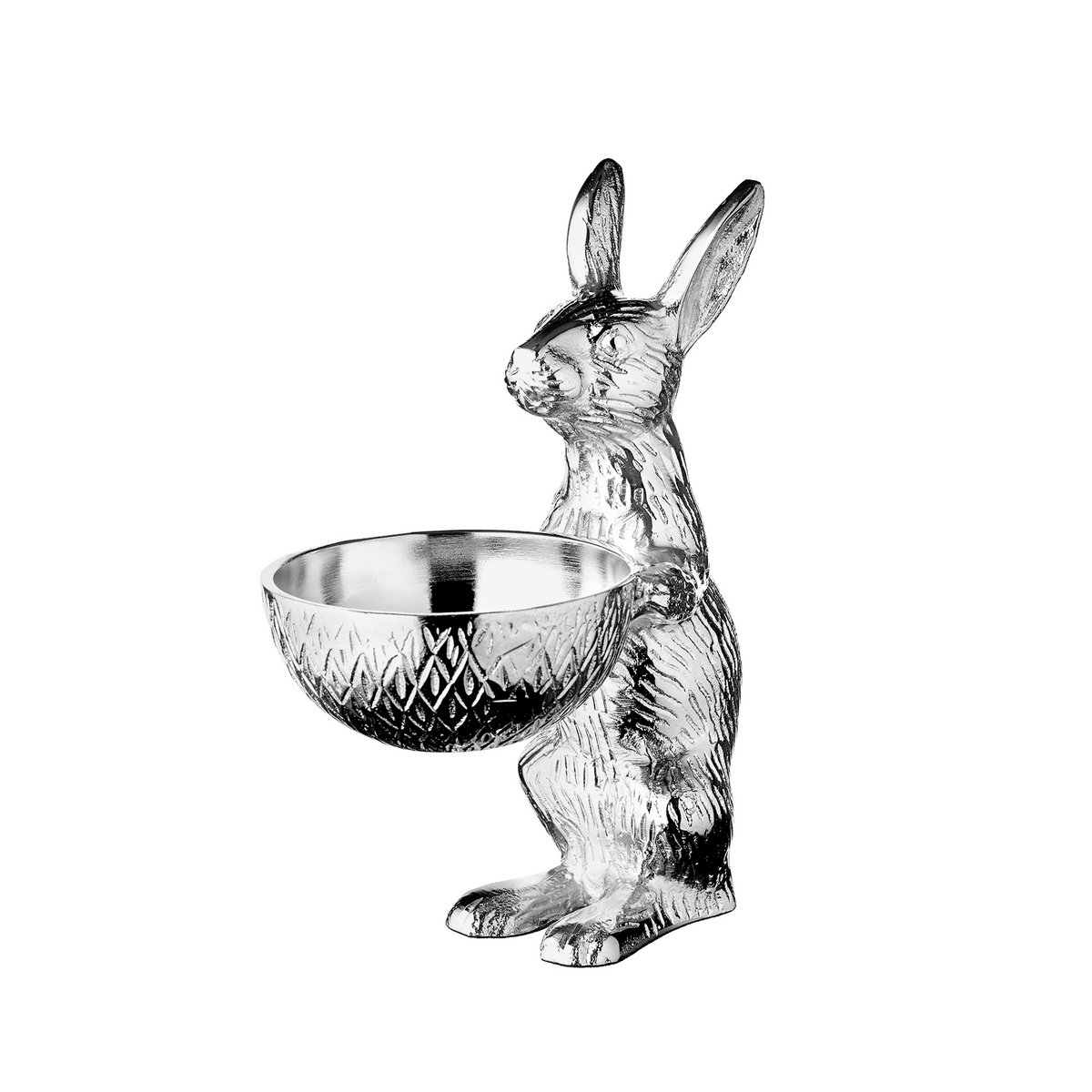 EDZARD rabbit with bowl Bert, rabbit figure with bowl, height 22 / 31 cm, aluminum nickel-plated silver
