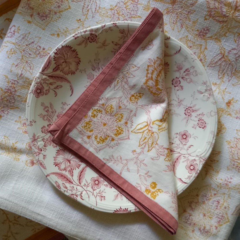 Napkin 'Flower' Pink/Ochre