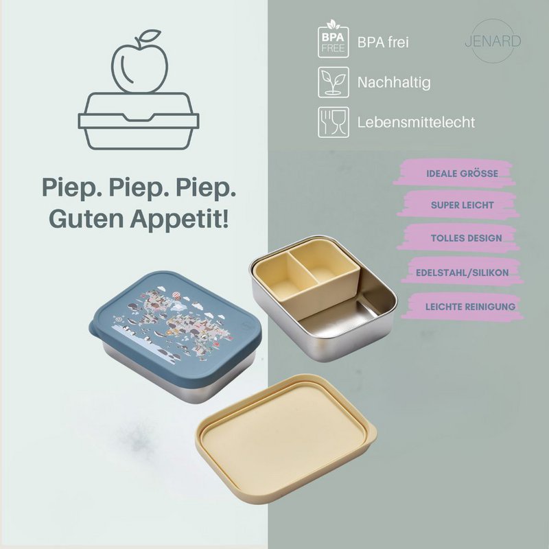 JENARD® lunchbox voor kinderen, roestvrij staal met siliconen deksel, inclusief verdeler - blauw / wereldkaart met dieren