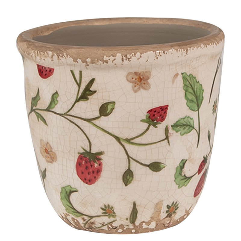 Blumenpfropf Ø 11x10 cm Beige rote Keramik Erdbeerblumenpot im Inneren