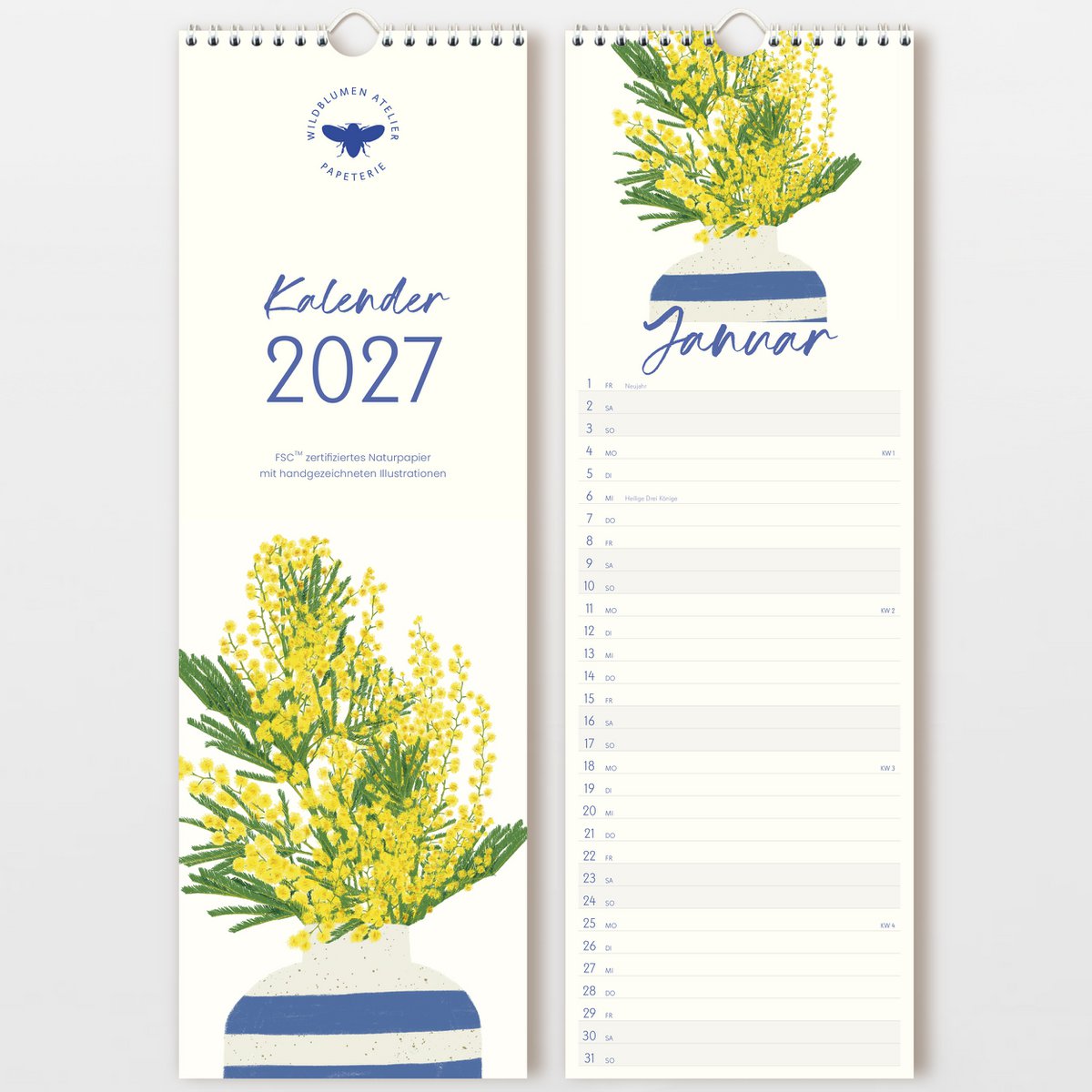 Wandkalender 2027 mit handgezeichneten Blumenvasen