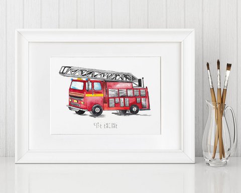 Aquarell Feuerwehrauto Wandbild