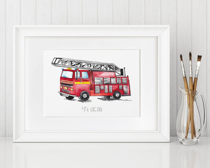Aquarell Feuerwehrauto Wandbild