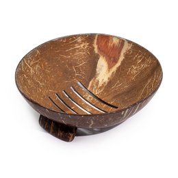 Natural coconut bowl, round shape, brown textured material, wooden feet, rustic design, eco-friendly soap dish.