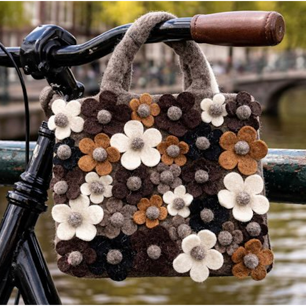 Luna-Leena kids handbag  flowers - grey - wool felt - handmade in Nepal
