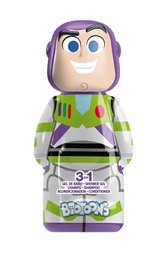 Buzz Lightyear character bath foam shampoo, purple green toy-shaped bottle, kids bath product