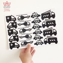 Emergency services wall stickers for kids' room, featuring various emergency vehicles like ambulance, fire truck, and police car.