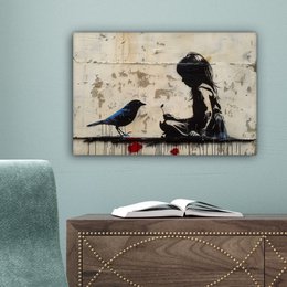Canvas schilderij - Wanddecoratie Meisje - Street art - Vogel - Abstract - Graffiti - Modern - Muurdecoratie woonkamer - Kamer decoratie modern - Abstracte schilderijen