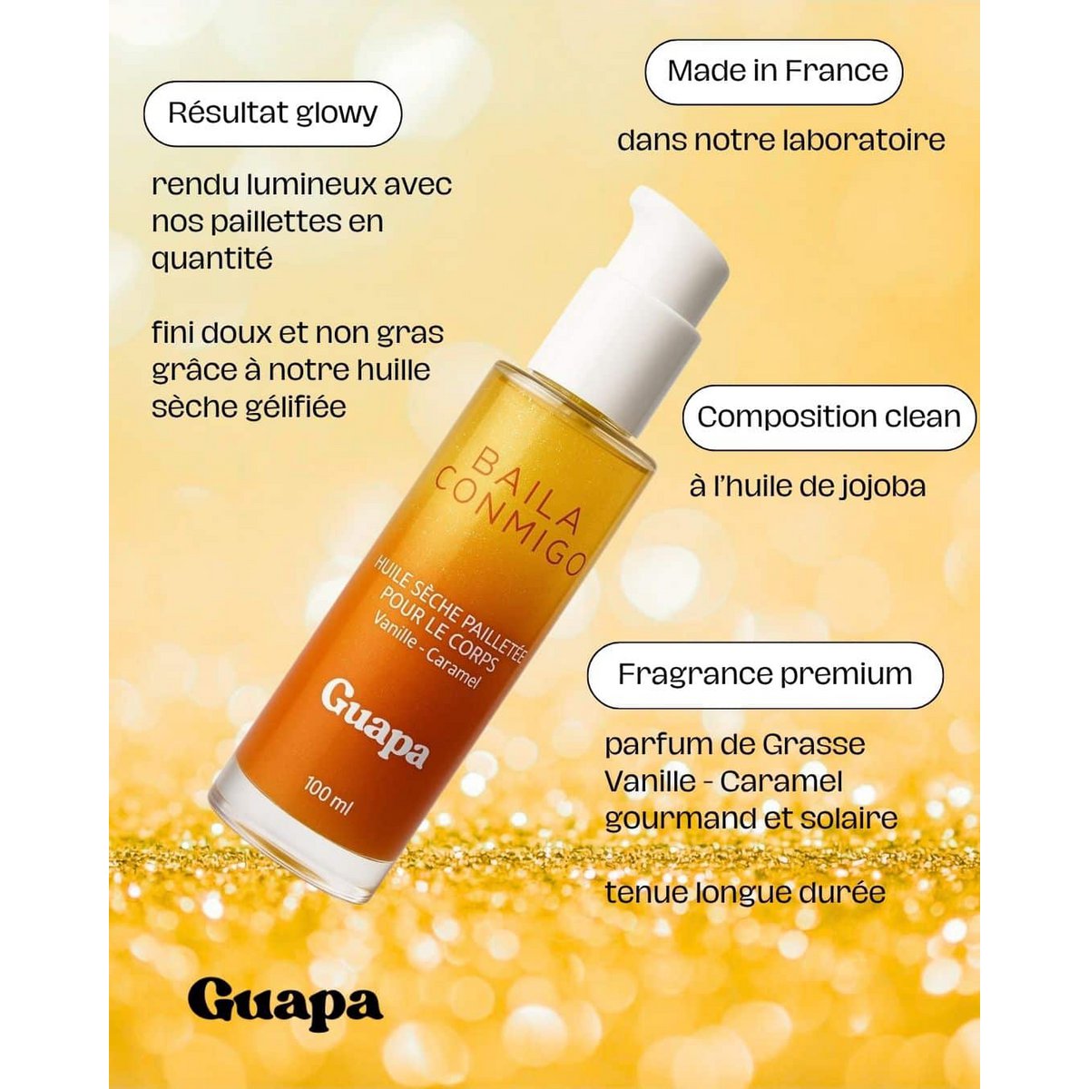 Olio corpo secco glitterato - GUAPA - Caramello alla vaniglia