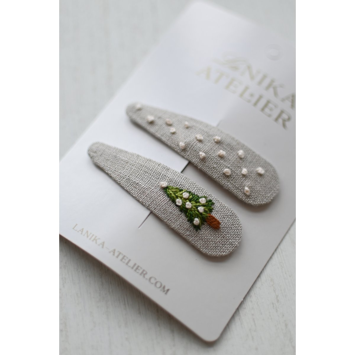 Pinzas para el pelo árbol de Navidad beige + lunares