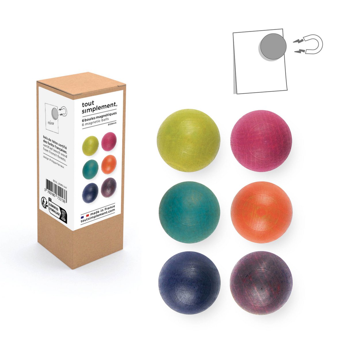Caja de 6 bolas de madera magnética pequeñas - color