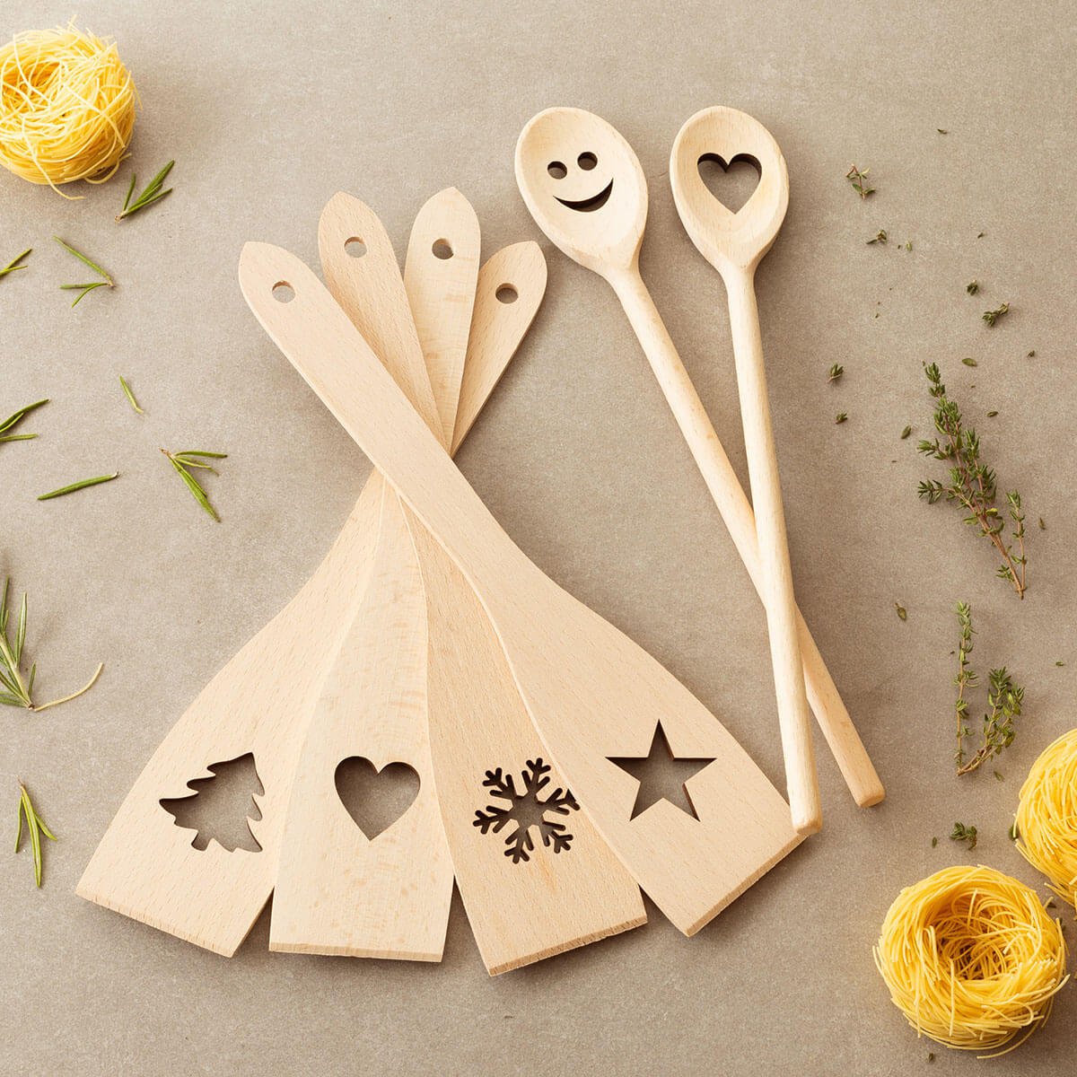 Ensemble d'ustensiles de cuisine en bois 6 pièces avec motif (cuillères de cuisine, spatules)