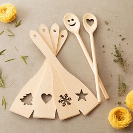 Ensemble d'ustensiles de cuisine en bois 6 pièces avec motif (cuillères de cuisine, spatules)