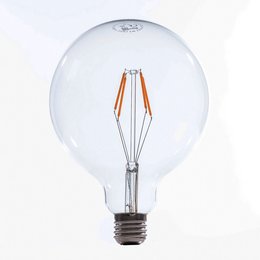 Large LED filament globe light bulb with clear glass housing.