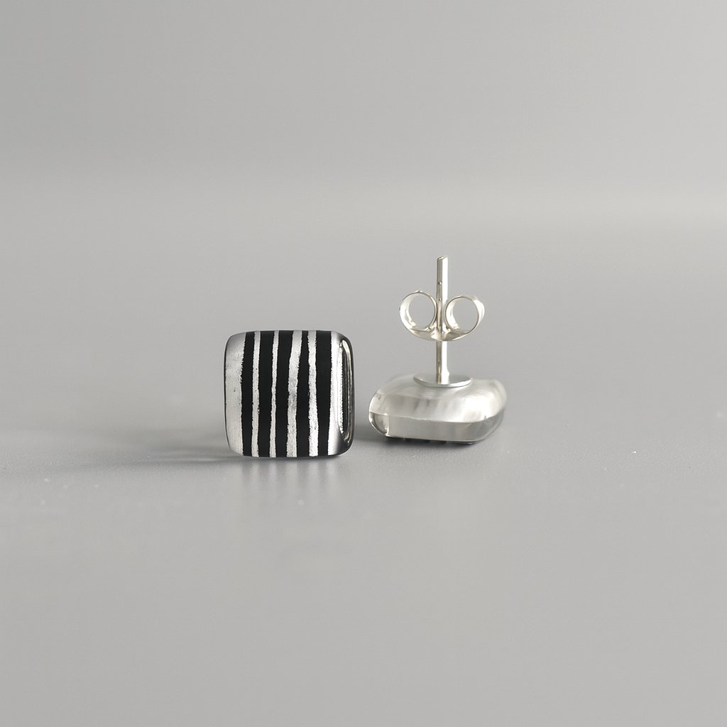 Tiny  black white striped earrings with sterling silver posts