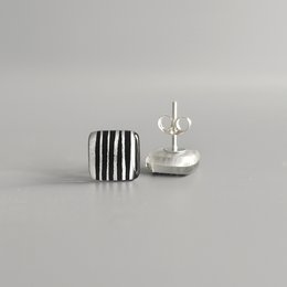 Tiny  black white striped earrings with sterling silver posts