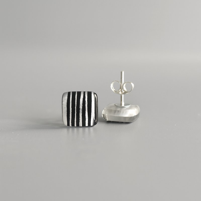 Tiny  black white striped earrings with sterling silver posts