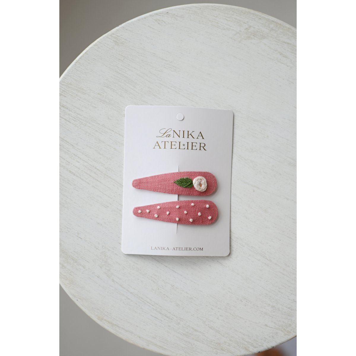 Barrettes cheveux Rose et feuille + pois rose saumon