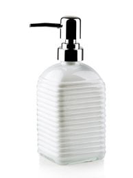 A white, ribbed soap dispenser with a black pump. The dispenser measures approximately 19cm tall and 7.8cm wide.
