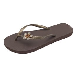  Women's flip flop sandals with floral embellishment, available in brown, taupe, and beige colors, in sizes 35/36, 37/38, 39/40, and 41/42.