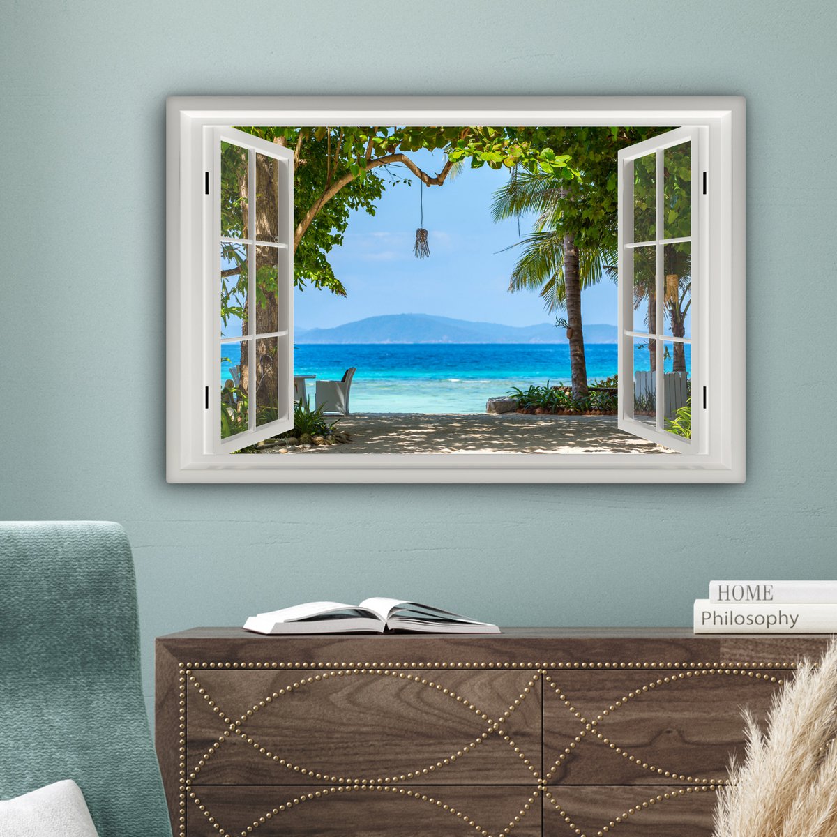 Pintura de lienzo - Decoración de pared - Vista - Boom - Sea - Palmada - Colinas - Playa - Azul