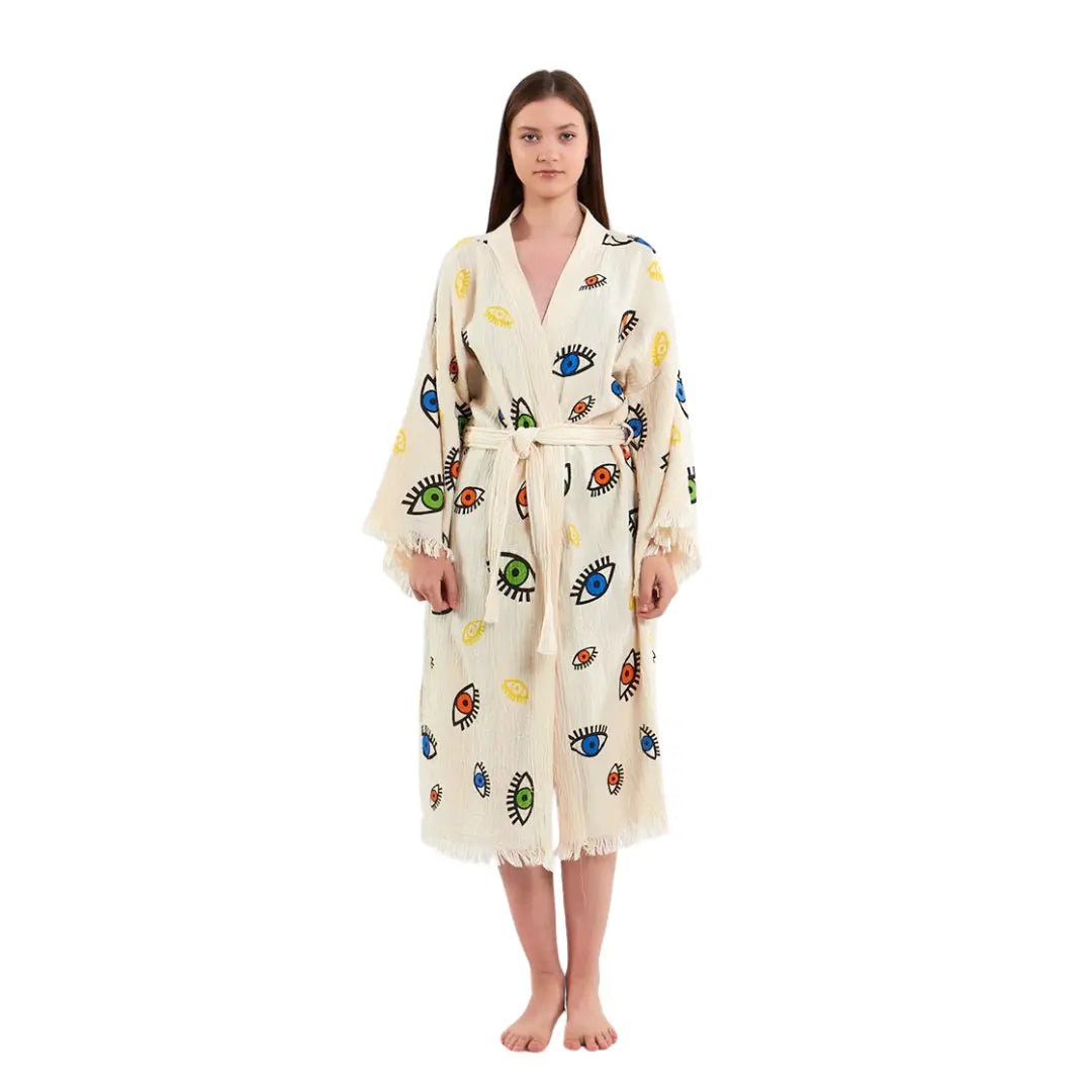 Evil Eye Bathrobe-Shawl Neck-White