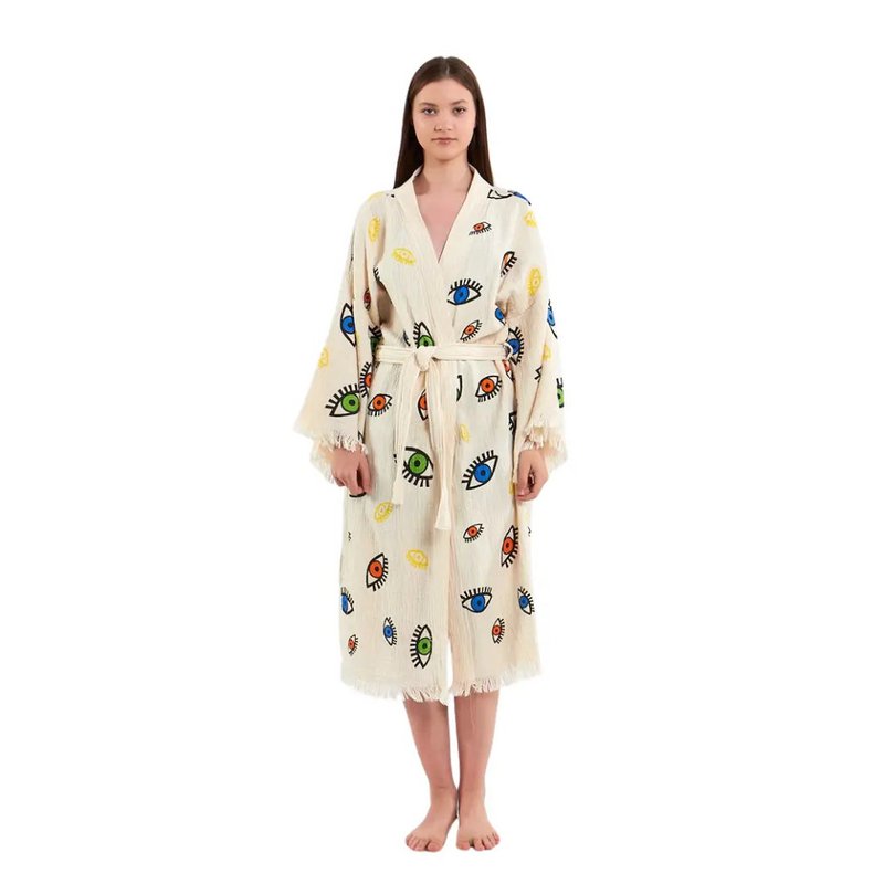 Evil Eye Bathrobe-Shawl Neck-White