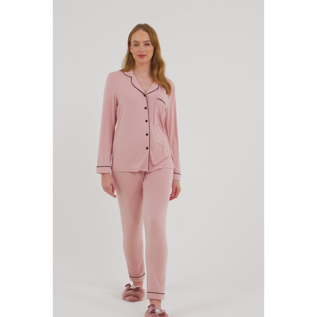 Set pigiama lungo in bambù rosa