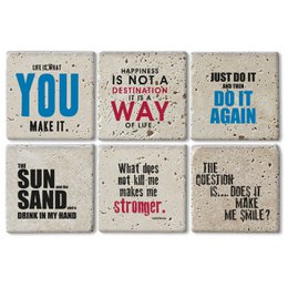  Set of 6 stone coasters with inspirational quotes, made of natural stone material, suitable for home decor and protecting surfaces.