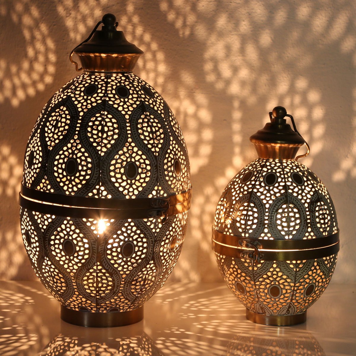 Orientalische Laterne Mila 2er Set B-Ware in Weiß-Gold marokkanisches Windlicht Kerzenhalter Ei-Form