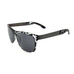 Wayfarer-style sunglasses with a black and white print frame and tips. Made of metal for a durable, stylish look.