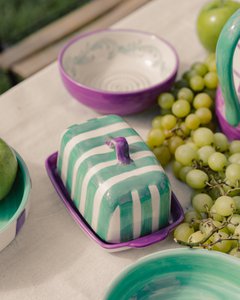 Ceramic Butter Dish - Hand Painted - Green and Violet - Emerald