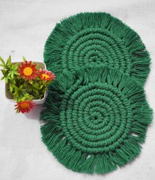  Green macrame handwoven cotton coasters, round spiral pattern with fringe trim, 6 inch diameter, set of 2