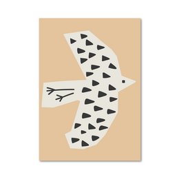 A minimalist print featuring a stylized bird silhouette in black and white triangles against a beige background. The bird's shape and pattern suggest a winter or snowy theme, making it suitable for wall art in a variety of interior design styles.