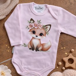 Pink baby bodysuit with cute fox face, floral crown, long sleeves, cotton fabric.